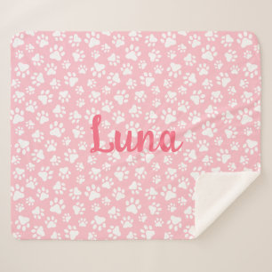 Cute Dog Paw Pattern White and Pastel Pink Sherpa Blanket