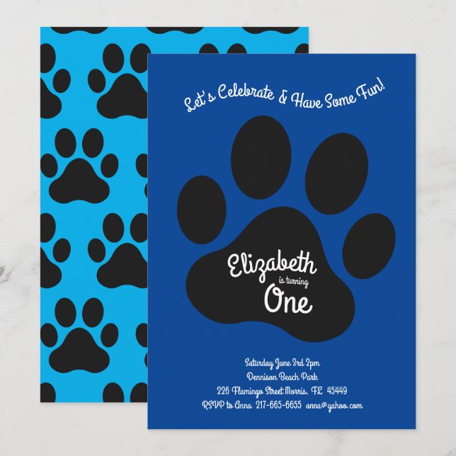 Cute Dog Paw Print Kids 1st Birthday Party Invitation (Front/Back)