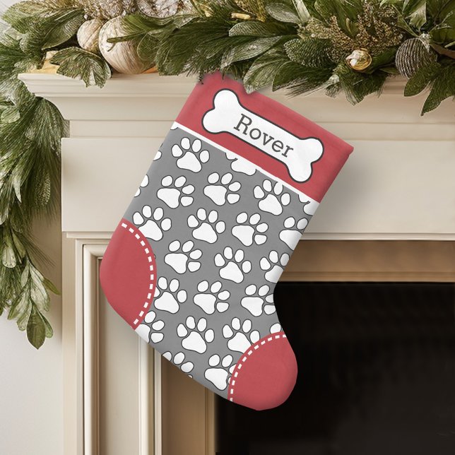 Cute Dog Paw Print Pattern Custom Pet Name Small Christmas Stocking (Personalized Christmas Stocking)