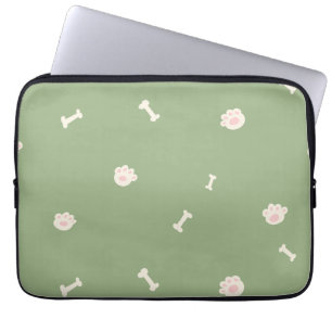 Cute Dog Paw Prints and Bones Pattern on Green Laptop Sleeve