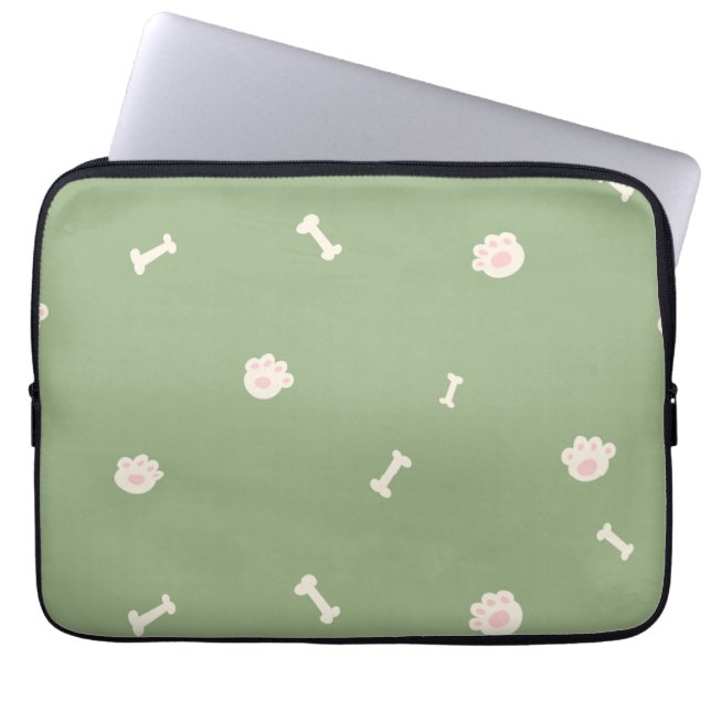 Cute Dog Paw Prints and Bones Pattern on Green Laptop Sleeve (Front)