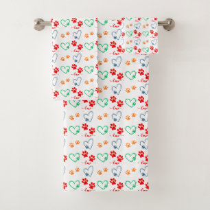 Cute DOG PAW PRINTS and LOVE HEARTS Bath Towel Set