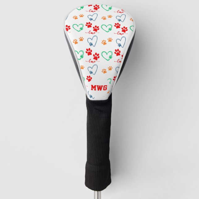 Cute DOG PAW PRINTS and LOVE HEARTS Monogram  Golf Head Cover (Front)