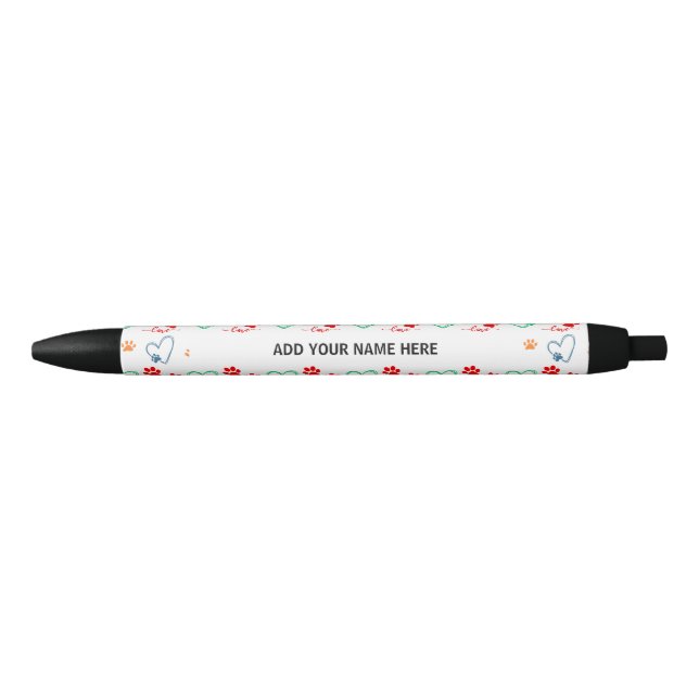 Cute DOG PAW PRINTS and LOVE HEARTS Personalized Black Ink Pen (Front)