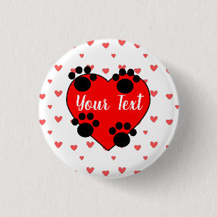 Cute Dog Paw Prints And Red Heart With Custom Text 1 Inch Round Button