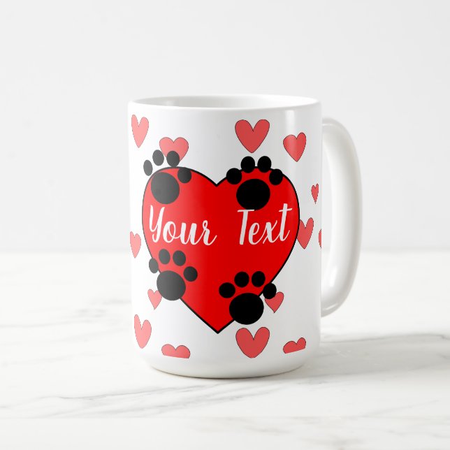 Cute Dog Paw Prints And Red Heart With Custom Text Coffee Mug (Front Right)