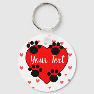 Cute Dog Paw Prints And Red Heart With Custom Text Keychain
