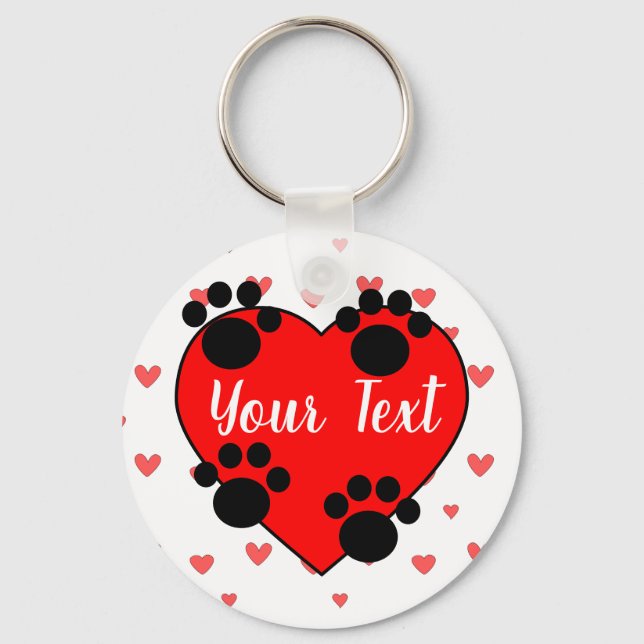 Cute Dog Paw Prints And Red Heart With Custom Text Keychain (Front)