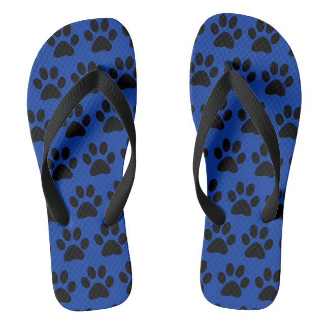 Cute Dog Paw Prints Black Blue  Flip Flops (Footbed)