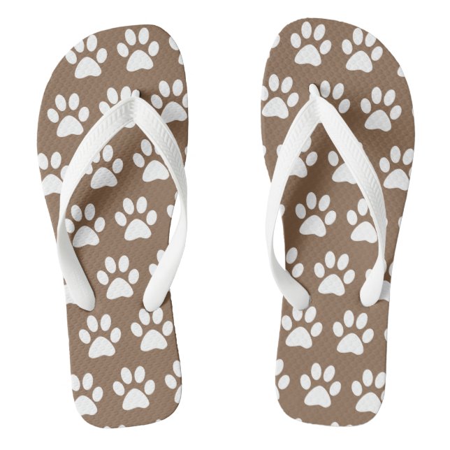 Cute Dog Paw Prints Fun Pattern Modern Brown White Flip Flops (Footbed)