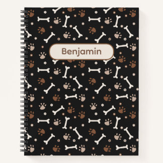 Cute Dog Paws & Bones and Custom Name / Black Notebook