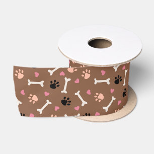 Cute Dog Paws Bones & Hearts on Warm Brown Satin Ribbon
