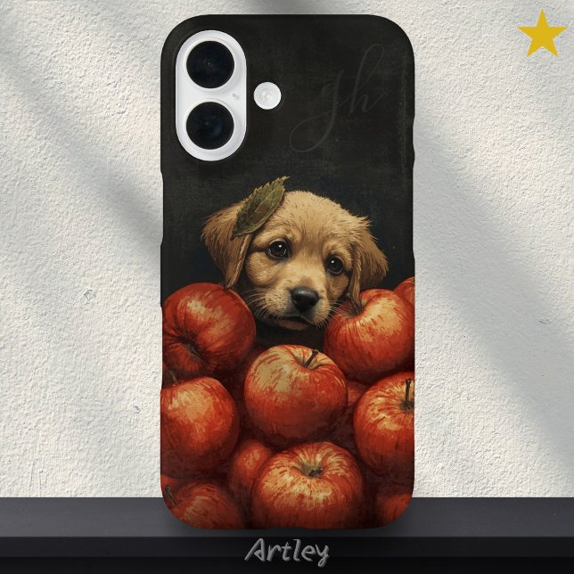 Cute Dog Peeking Apple Painting Custom Initials Case-Mate iPhone Case (Creator Uploaded)