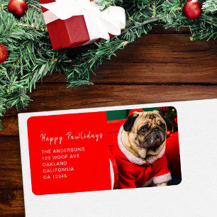 Cute Dog Pet Photo Red Christmas Pawlidays Address Label