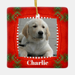 Cute Dog Pet Photo Red Green Christmas Ceramic Ornament