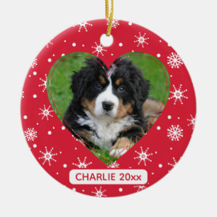 Cute Dog Pet Photo Snowflake Red Christmas Ceramic Ornament