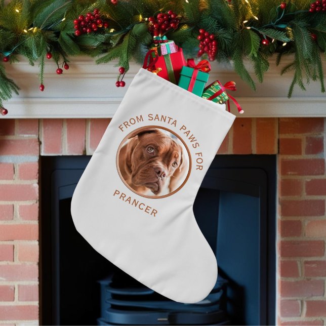 Cute Dog Pet Photo White Christmas Stocking (Add your pet's photo and his (or her) name and fill with presents from Santa Paws. )