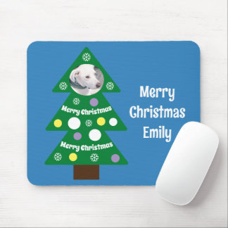 Cute Dog Photo in Colorful Christmas Tree Blue Mouse Pad