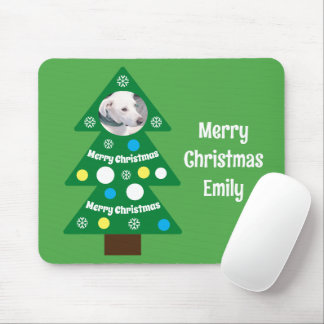 Cute Dog Photo in Colorful Christmas Tree Green Mouse Pad