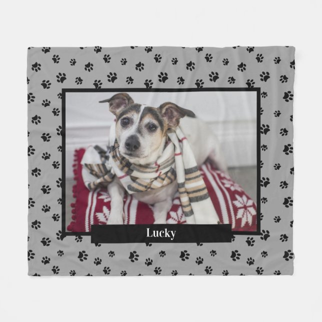 Cute Dog Photo Name Black Paw Prints Silver Grey Fleece Blanket (Front (Horizontal))