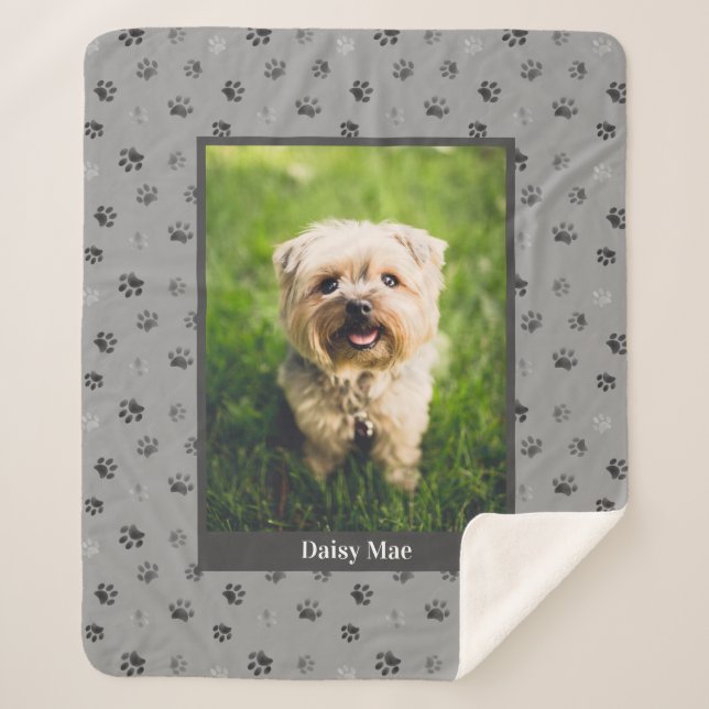 Cute Dog Photo Name Silver Grey Paw Prints Sherpa Blanket (Front)
