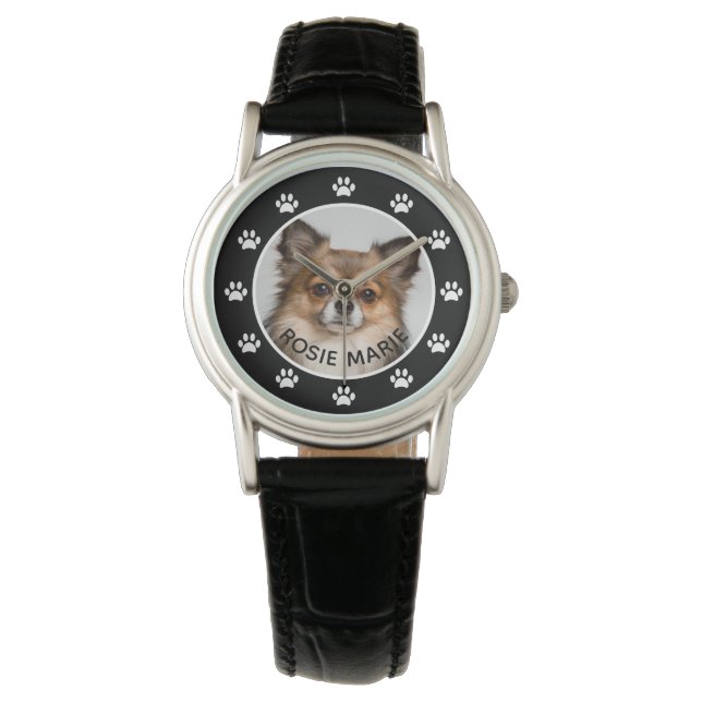 Cute Dog Photo Pet Name Paw Prints Custom Watch (Front)