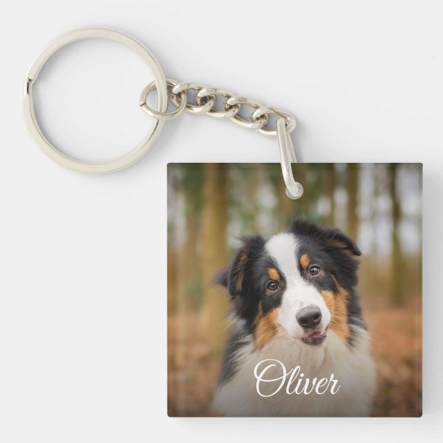 Cute Dog Photo Script Name Pet Lover Keychain (Front)