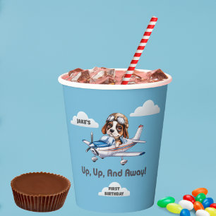 Cute Dog Pilot Flying Airplane Boy First Birthday Paper Cups