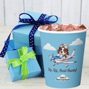 Cute Dog Pilot Flying Airplane Boy First Birthday Paper Cups