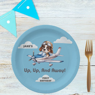 Cute Dog Pilot Flying Airplane Boy First Birthday Paper Plate