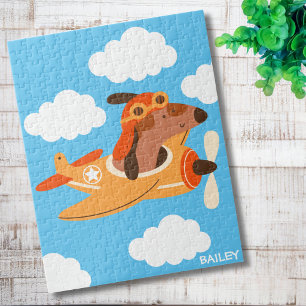 Cute Dog Pilot Flying Airplane, Personalized Jigsaw Puzzle
