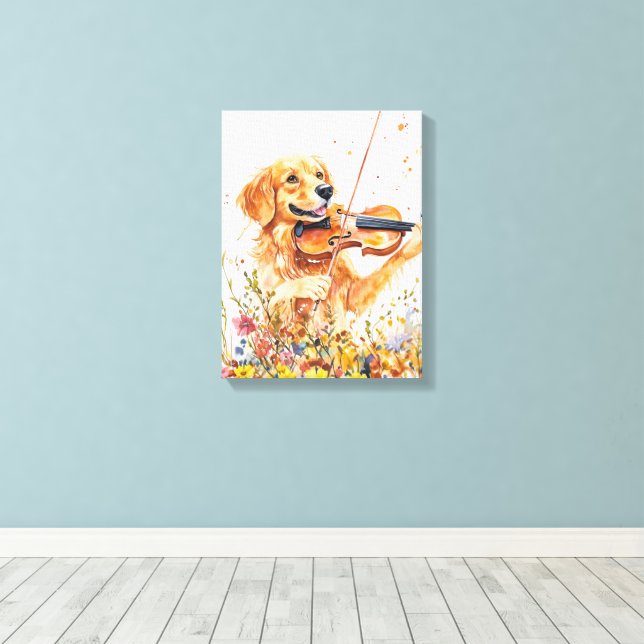 Cute Dog Playing a Violin Canvas Print (Insitu(Wood Floor))