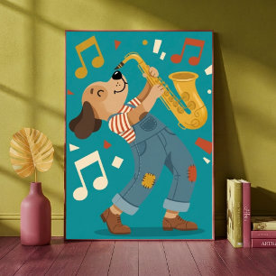 Cute Dog Playing Saxophone Jazz Music Kids Nursery Poster