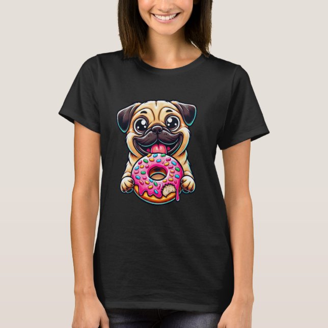 Cute Dog Pug Eating Doughnut T-Shirt (Front)