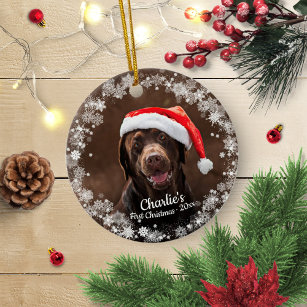 Cute Dog Puppy Pet First Christmas Photo Snowflake Ceramic Ornament
