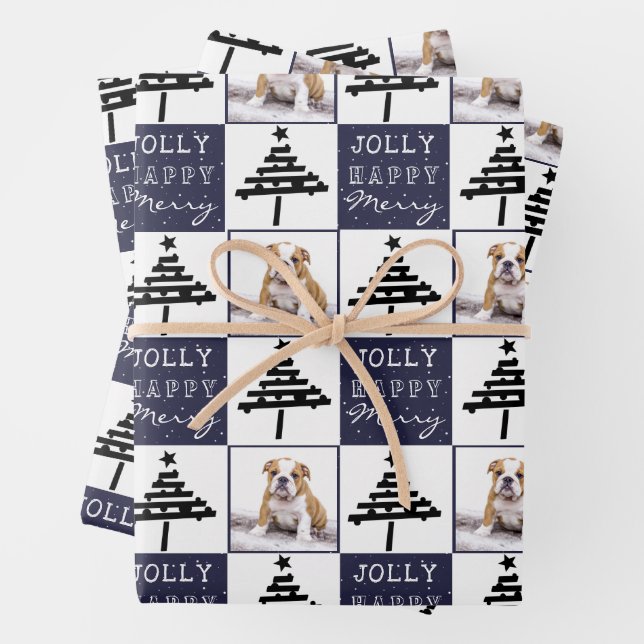 Cute Dog Puppy Pet Photo Blue Christmas Tree Wrapping Paper Sheet (In situ)