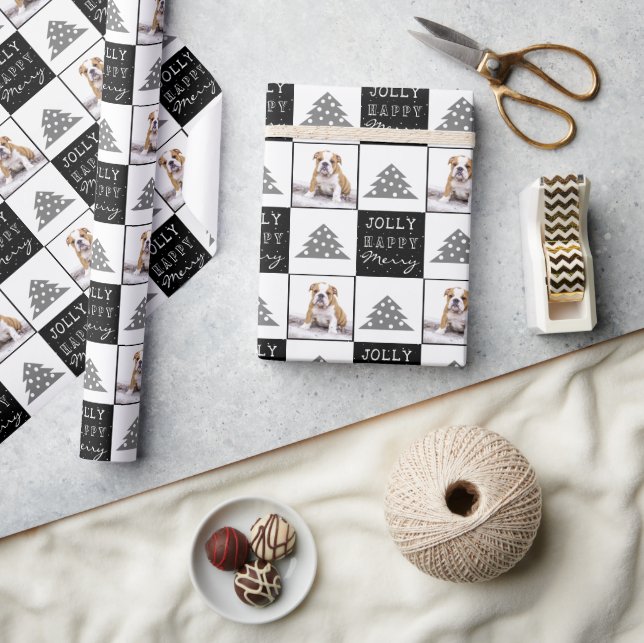 Cute Dog Puppy Pet Typography Christmas Tree Photo Wrapping Paper (Crafts)