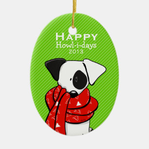 Cute Dog Red Scarf Christmas Modern Stripe Ceramic Ornament
