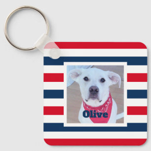 Cute Dog Red White Blue Stripes Patriotic Photo Keychain