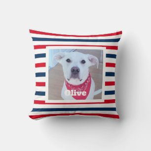 Cute Dog Red White Blue Stripes Patriotic Photo Throw Pillow