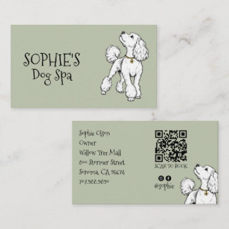 Cute Dog Sage Green Grooming Spa QR Code Business Card