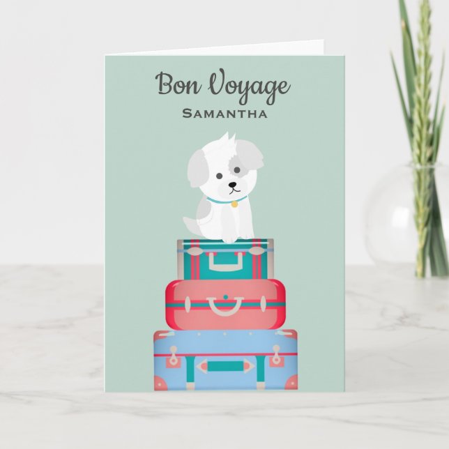 Cute Dog Sat on Suitcases Bon Voyage Custom Card (Front)