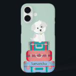Cute Dog Sat on Suitcases Personalised iPhone 16 Case<br><div class="desc">Adorable dog sat on suitcases.</div>
