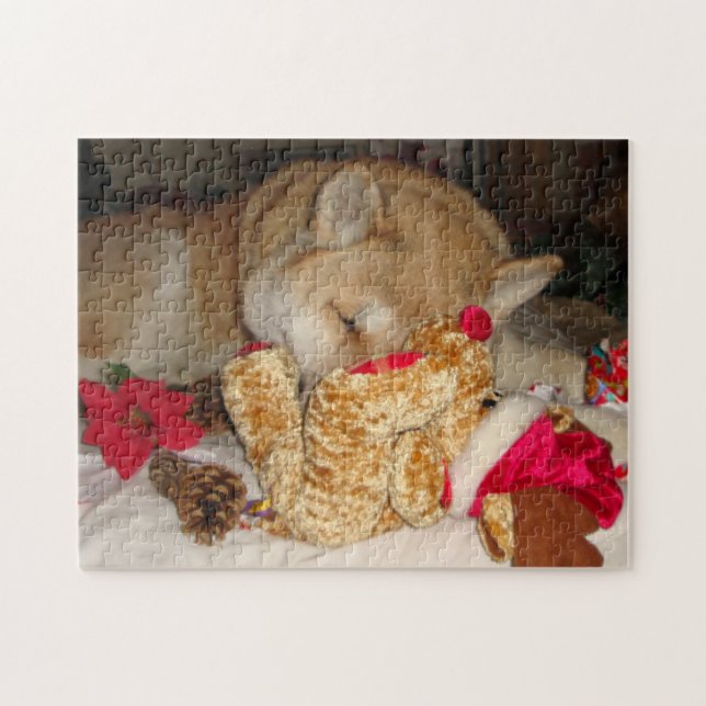 Cute dog sleeping cuddling teddy bear jigsaw puzzle (Horizontal)