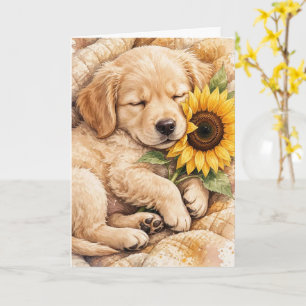 Cute dog sleeping with a sunflower blank card