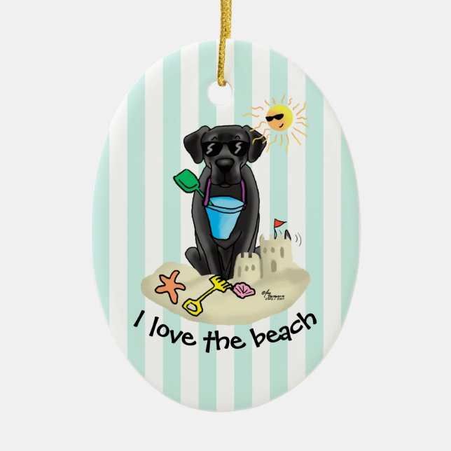 Cute Dog - Summer Beach Black Labrador Retriever Ceramic Ornament (Front)