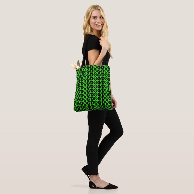 Cute Dog Tote Bag in Lime Green and Black (On Model)