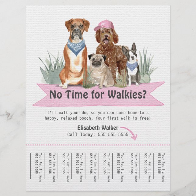 Cute Dog Walker Flyer Tear Sheet Pink Banner (Front)