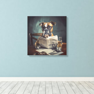 Cute Dog Wearing Glasses Reading Newspaper Canvas Print