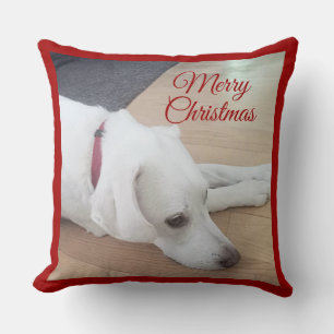 Cute dog Wearing Red Collar Christmas Throw Pillow